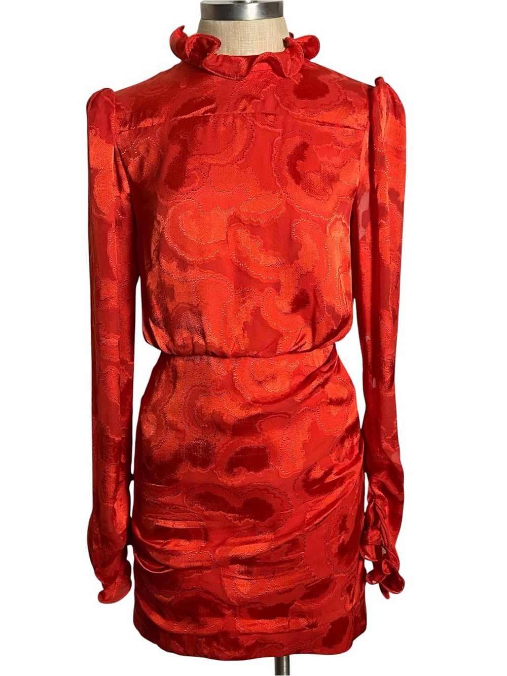 Saloni Rina B Mini Dress Women's Silk Jacquard Ruffle Puff Sleeve Poppy Red 4 - Picture 11 of 14